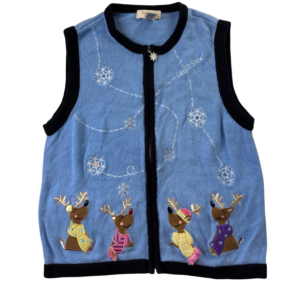 Bechamel‎ Christmas Reindeer Sweater Vest Blue Womens Large vtg granny core